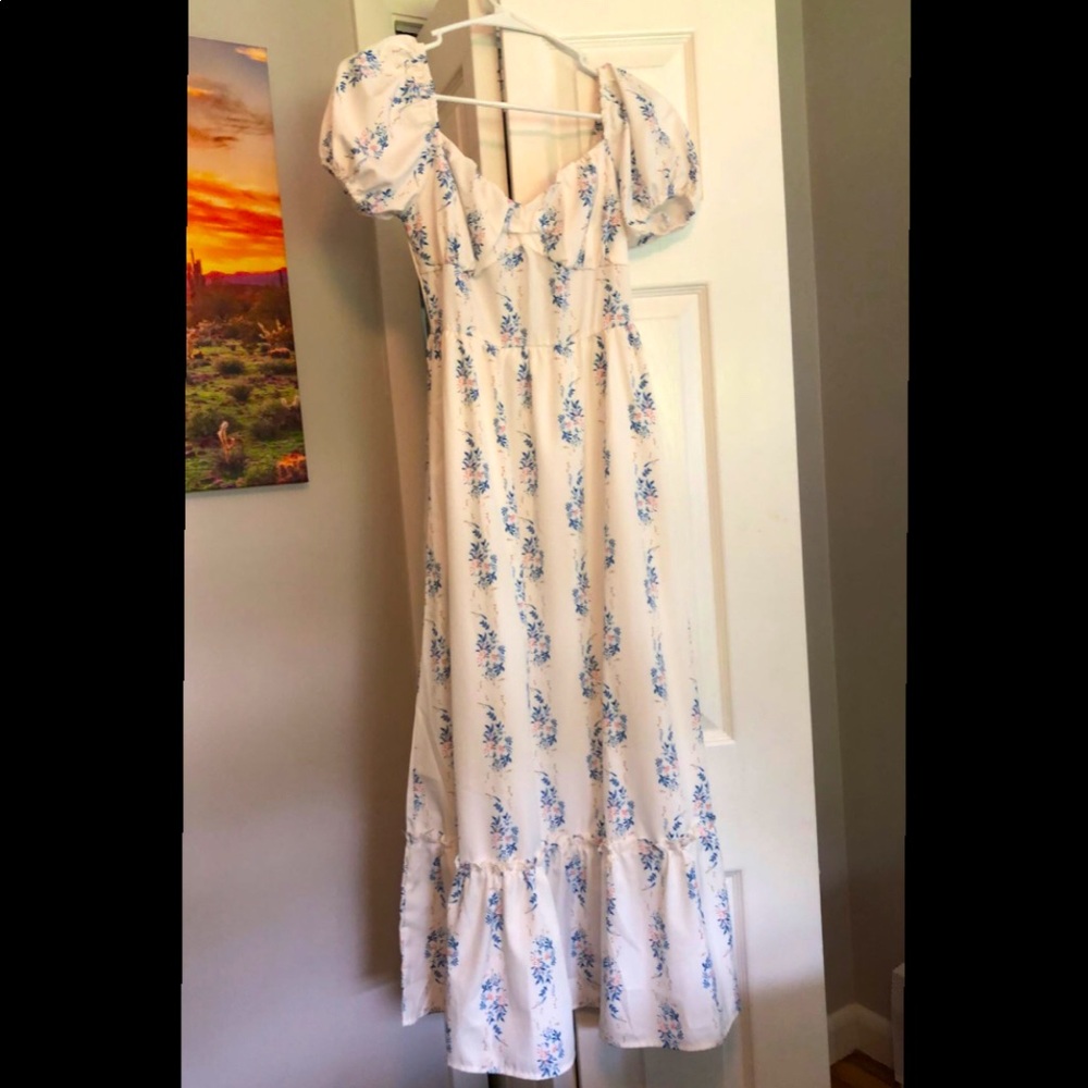 blue and pink floral white dress